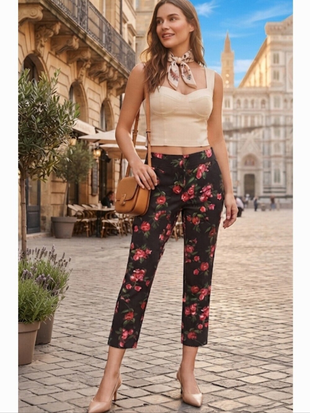Talbots Petite Black Floral Skirt with Pink Roses